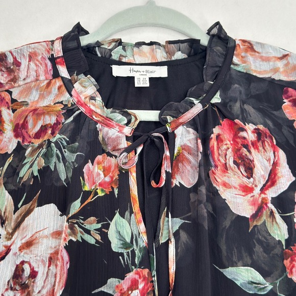 Haver + Blair Women's 2X Black Floral Ruffle Sleeveless Blouse Top Plus Romantic - Picture 2 of 9